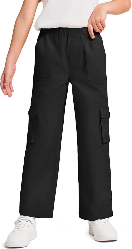 Haloumoning Girls Cargo Pants High Elastic Waist Kids Straight Leg Twill Trousers with Pockets 5-... | Amazon (US)