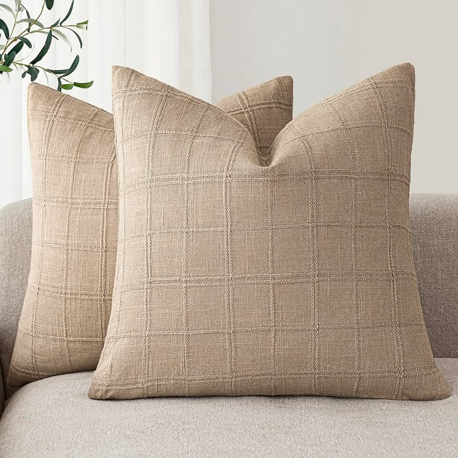 Foindtower Set of 2 Decorative Linen Check Throw Pillow Covers Neutral Farmhouse Vintage Cushion ... | Amazon (CA)