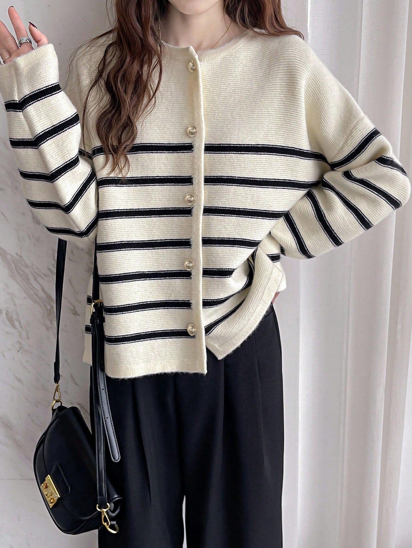 Striped Drop Shoulder Button Through Cardigan | SHEIN