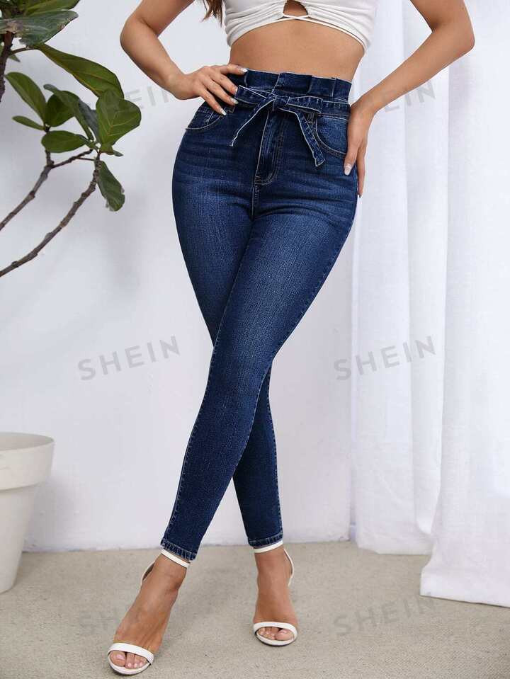 SHEIN Essnce Paperbag Waist Belted Skinny Jeans | SHEIN