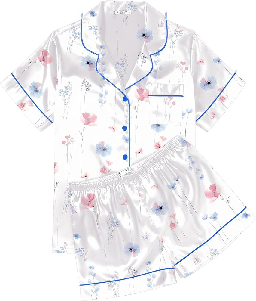 Ekouaer Womens Silk Satin Pajama Sets Soft Short Sleeve Button Down Sleepwear Top and Shorts 2 Pi... | Amazon (US)