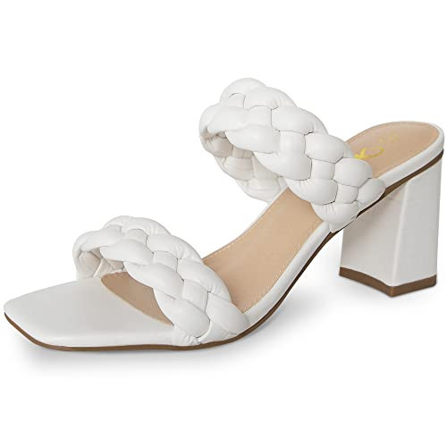 Athlefit Women's Braided Heels Square Toe Strappy Braided Sandals Slides Slip On Woven Block White Heels Size 9.5 | Amazon (US)