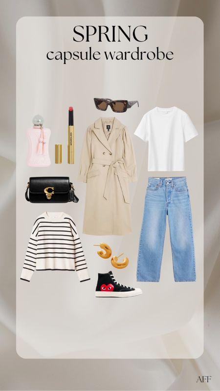 Spring capsule wardrobe outfit ideas - Levi’s ribcage blue jeans, white cos t shirt, long trench coat, converse, striped jumper, coach studio black bag, gold monica vinader earrings, parfums de marly delina fragrance, hourglass phantom glossy balm  

#LTKSeasonal #LTKstyletip #LTKeurope