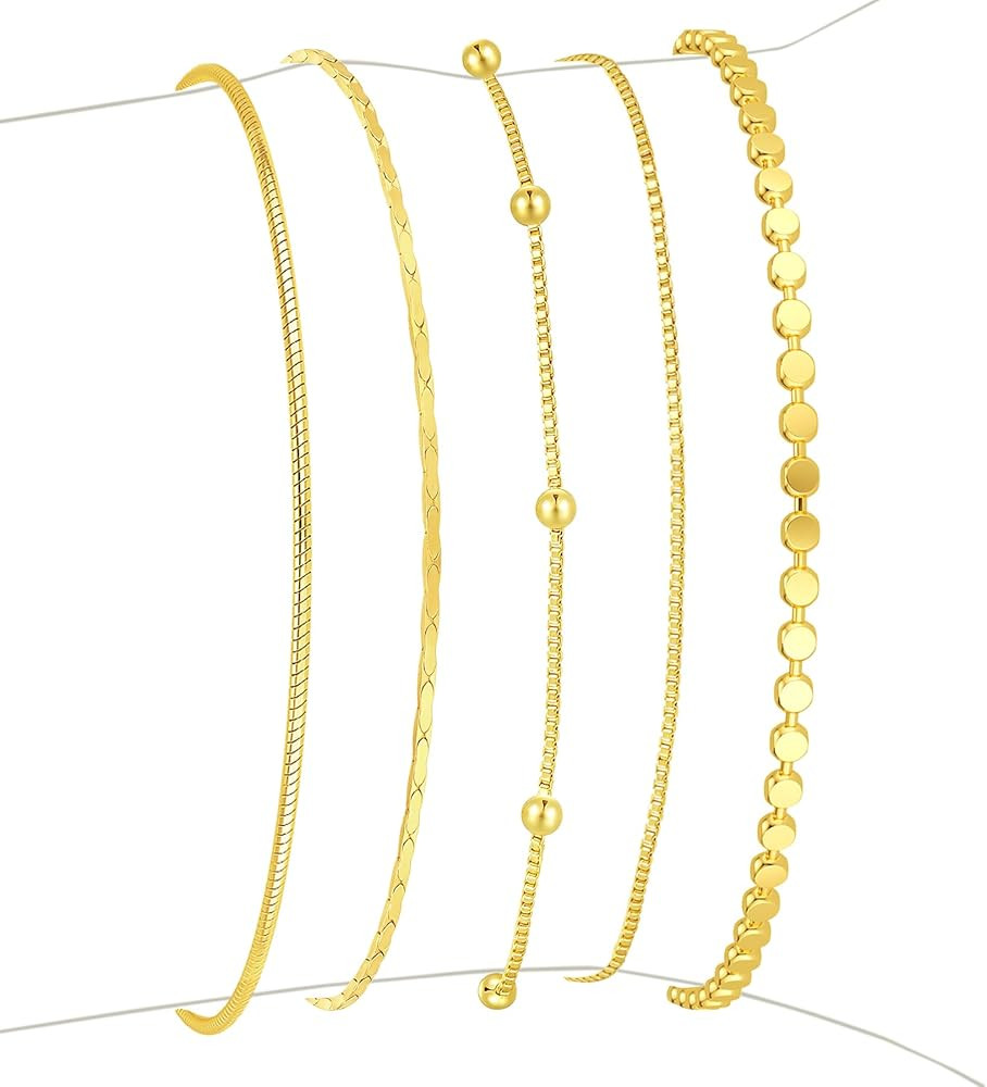 Gold Bracelets for Women, 14K Gold Plated Stackable Bracelet Stack Set Adjustable Charm Paperclip... | Amazon (US)