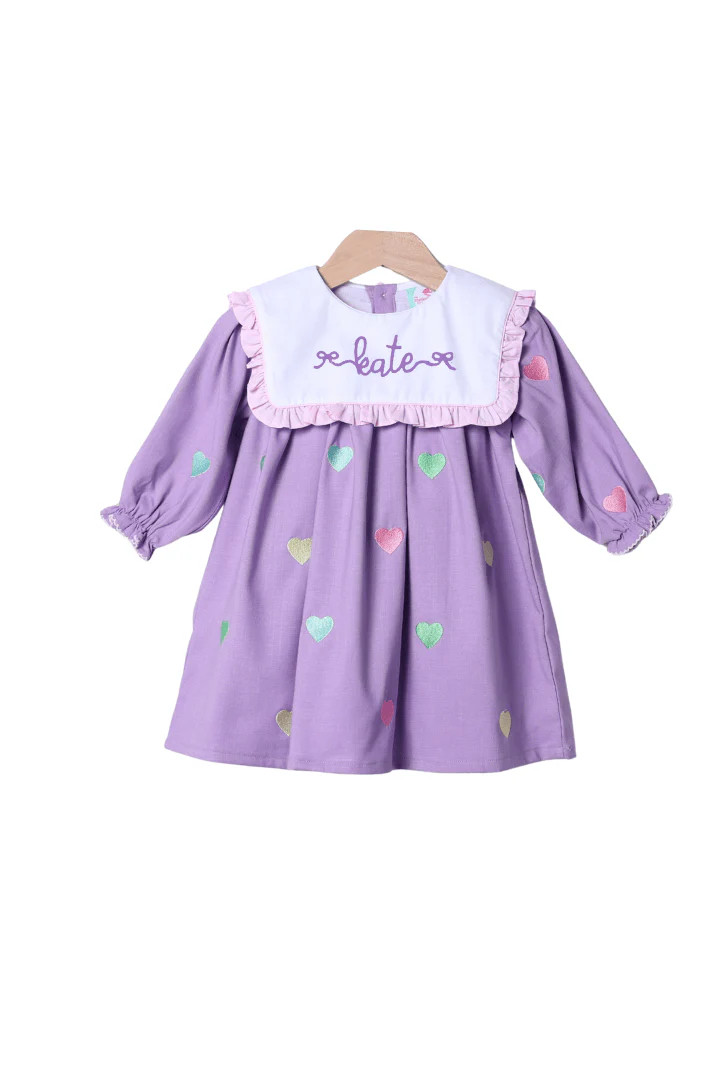 Embroidered Hearts Lavender Linen Ruffle Dress | The Smocked Flamingo