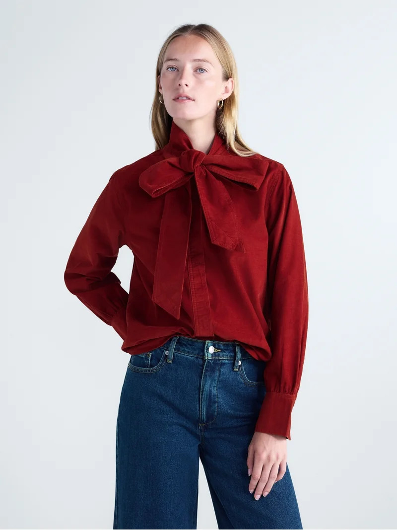 Free Assembly Women's and Women's Plus Tie Neck Corduroy Shirt, Sizes XS-4X | Walmart (US)