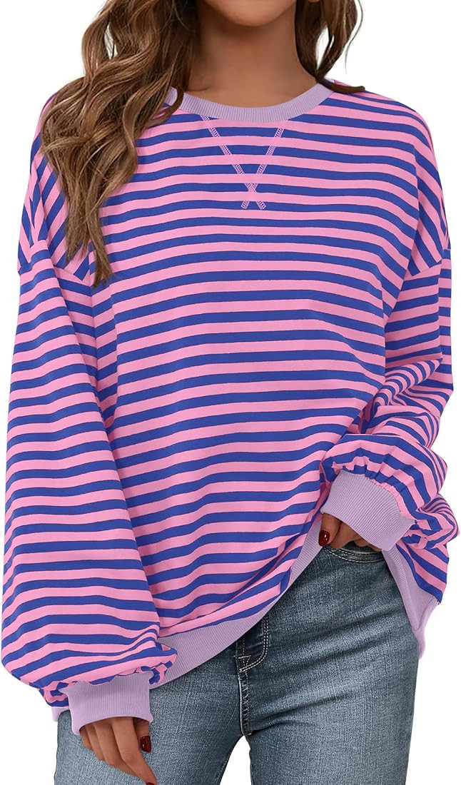 BTFBM Womens Striped Pullover Tops Fall Clothes 2025 Long Sleeve Shirts Trendy Soft Crew Neck Loo... | Amazon (US)