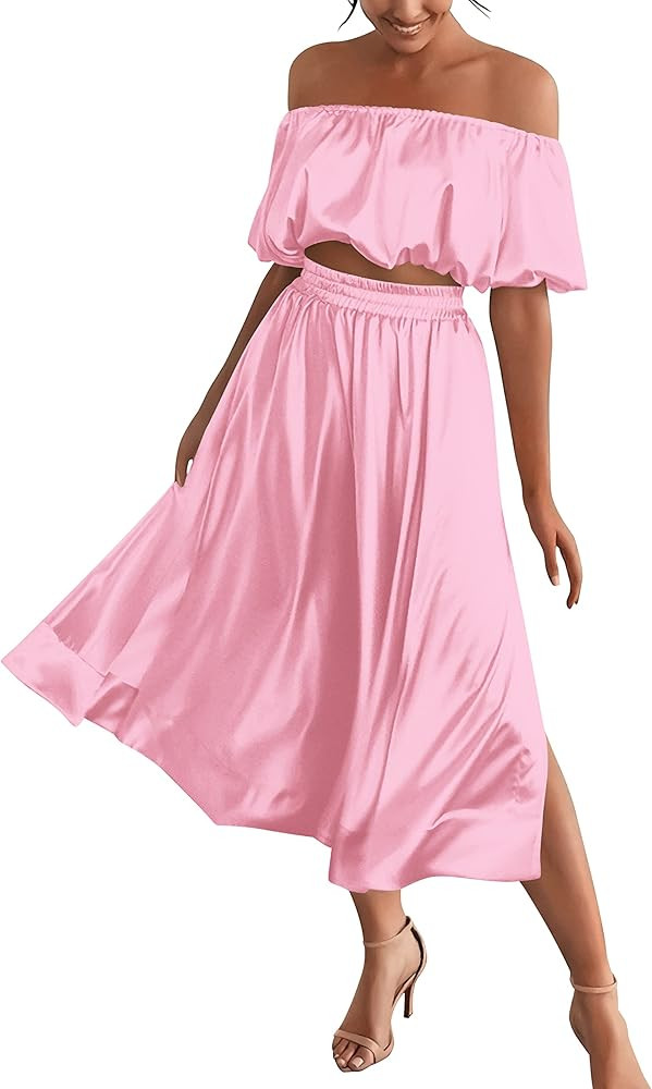 MASCOMODA 2 Piece Outfits For Women Sexy 2023 Summer Satin Puff Sleeve Crop Top And Side Split Ma... | Amazon (US)