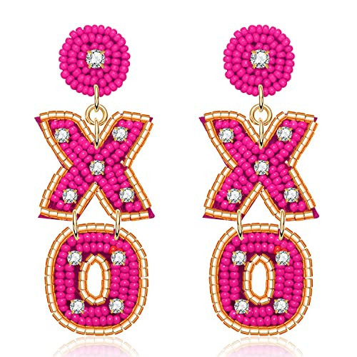 Valentine’s Day Earrings Beaded XOXO Drop Earrings Fashion Trendy Crystal Big Love Dangle Hot Pink Earrings for Women Statement Jewelry (Rosy XO) | Amazon (US)
