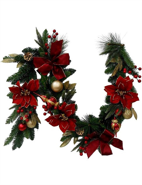 David Jones 180cm Poinsettia and Baubles Garland | David Jones | David Jones (Australia & New Zealand)