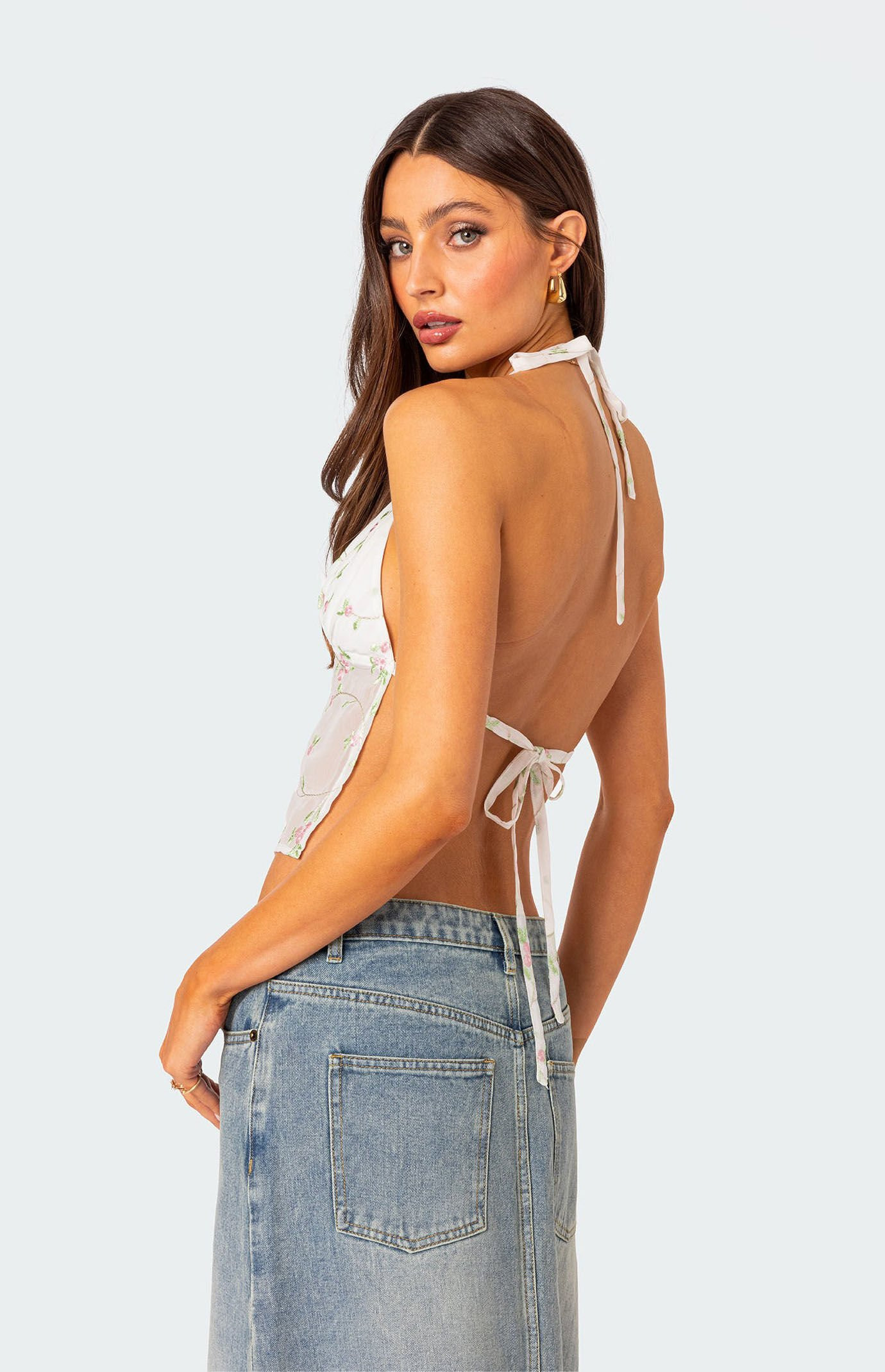 Edikted Women's Embroidered Open Back Halter Top in White - Size XS | PacSun