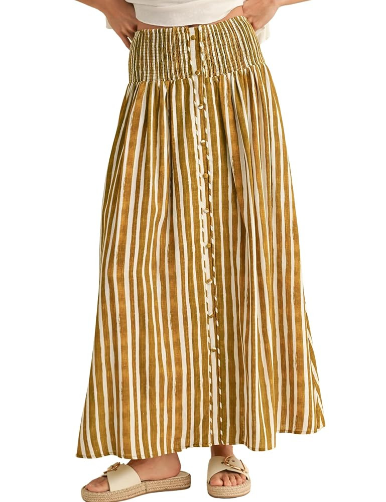 InterNos Womens Striped Maxi Skirt Trendy Front Buttons Elastic Waistband A-Line Boho Long Skirt ... | Amazon (US)