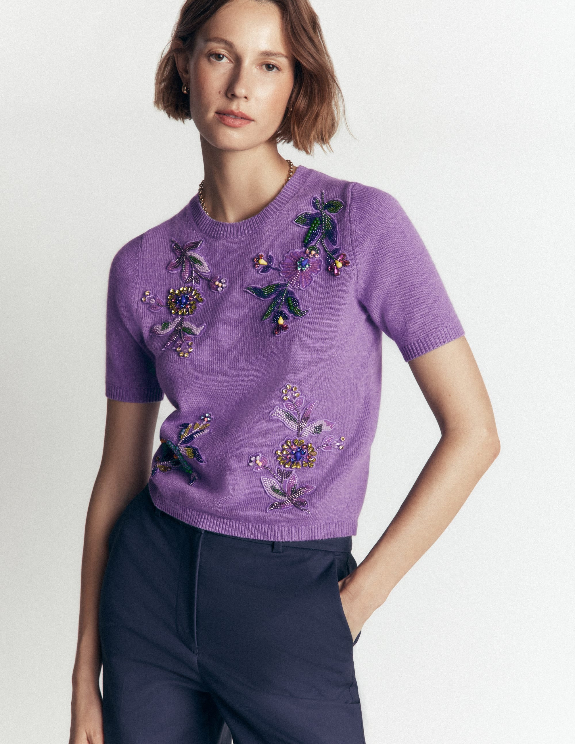 Ria Embellished Knit T-Shirt-Amethyst Purple | Boden (US)