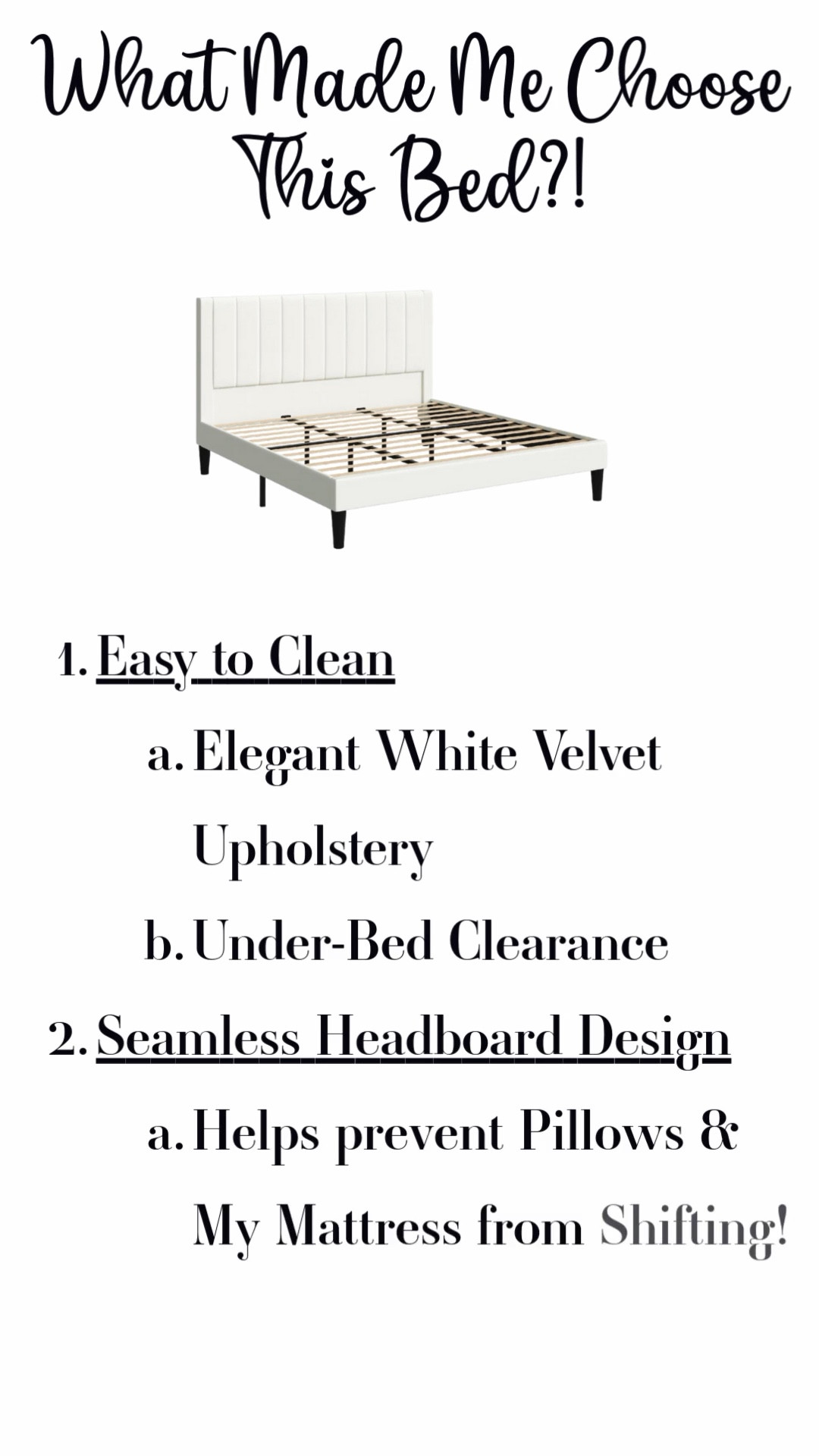 Purchased today, Tuesday Jan 20, 2026! I’m officially in my Chic Bedroom Refresh 2026 era, and this white velvet king bed is the piece that transformed the entire space. I wanted something elegant and timeless—but also practical for real life—and this bed checks every box.

What made me choose it? First, the white velvet upholstery. It looks elevated and luxurious, yet it’s surprisingly easy to keep clean, which matters to me. The texture feels soft and cozy without looking heavy or trendy—exactly the kind of classic design I love recommending to shoppers.

The seamless headboard design is another detail I truly appreciate. It sits flush with my mattress, helping prevent pillows and the mattress from shifting. Everything stays perfectly in place, which makes the bed feel polished and comfortable every single night.

I also love the subtle vertical channel detailing. It adds just enough structure and elegance without overwhelming the room, making this bed perfect for a winter-white, classic chic bedroom.

Finally, the under-bed clearance is a quiet luxury. It makes cleaning so easy and offers extra space that keeps my bedroom feeling light, calm, and uncluttered—exactly the look I’m always going for.

This is one of those investment-style finds that instantly elevates your home while still being practical. If you’re building a bedroom that feels timeless, elegant, and thoughtfully designed, this bed is absolutely worth shopping.

🛍️ Tap to shop this bed on Wayfair and recreate my Chic Bedroom Refresh 2026.

LTK Home LTK Seasonal Home Refresh - Classic Chic LTK Finds for LTK Self Care!

#LTKHome #LTKSeasonal #LTKselfcare