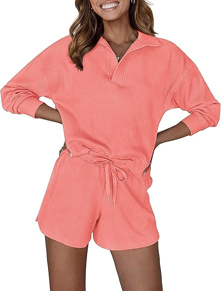 MEROKEETY Women's 2 Piece Waffle Knit Lounge Sets Long Sleeve Shorts Outfits Pjs with Pockets | Amazon (US)