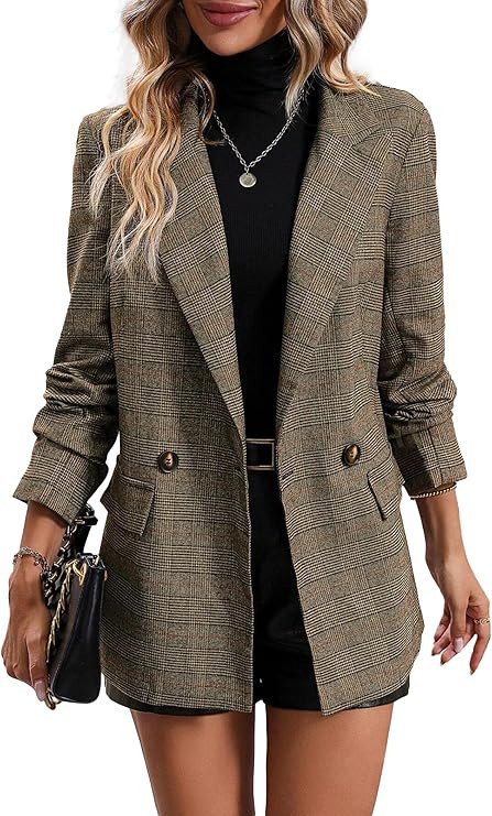 2025 Women's Fall Winter Plaid Houndstooth Blazer Jacket Button Notch-Lapel Business Casual Elega... | Amazon (US)