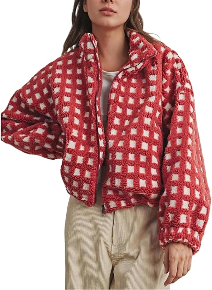 Women’s Sherpa Jacket Cropped Long Sleeve Plaid crop Fleece Coats Warm Fluffy Casual teddy jack... | Amazon (US)