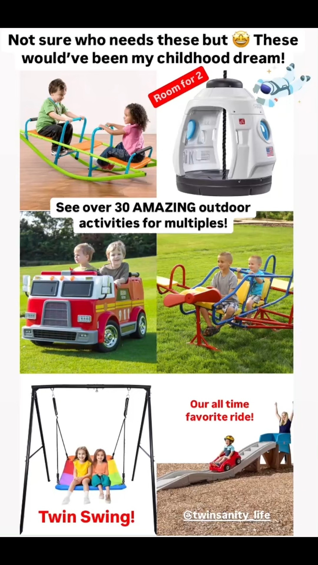 The best outdoor activities and play sets for toddlers and kids!! Ride on toys, kids roller coasters, sea saws, swings, play houses, water slides, bounce houses and more. Everything is highly rated and suitable for twins or multiples. 

Spring. Trending. Toys. Games. Kids. Seasonal. Family. Fun. Adventure. Toddler. Safe. Backyard. Mom. Kids. Sensory. Summer. Home. Sale. 


#LTKKids #LTKFamily #LTKSeasonal