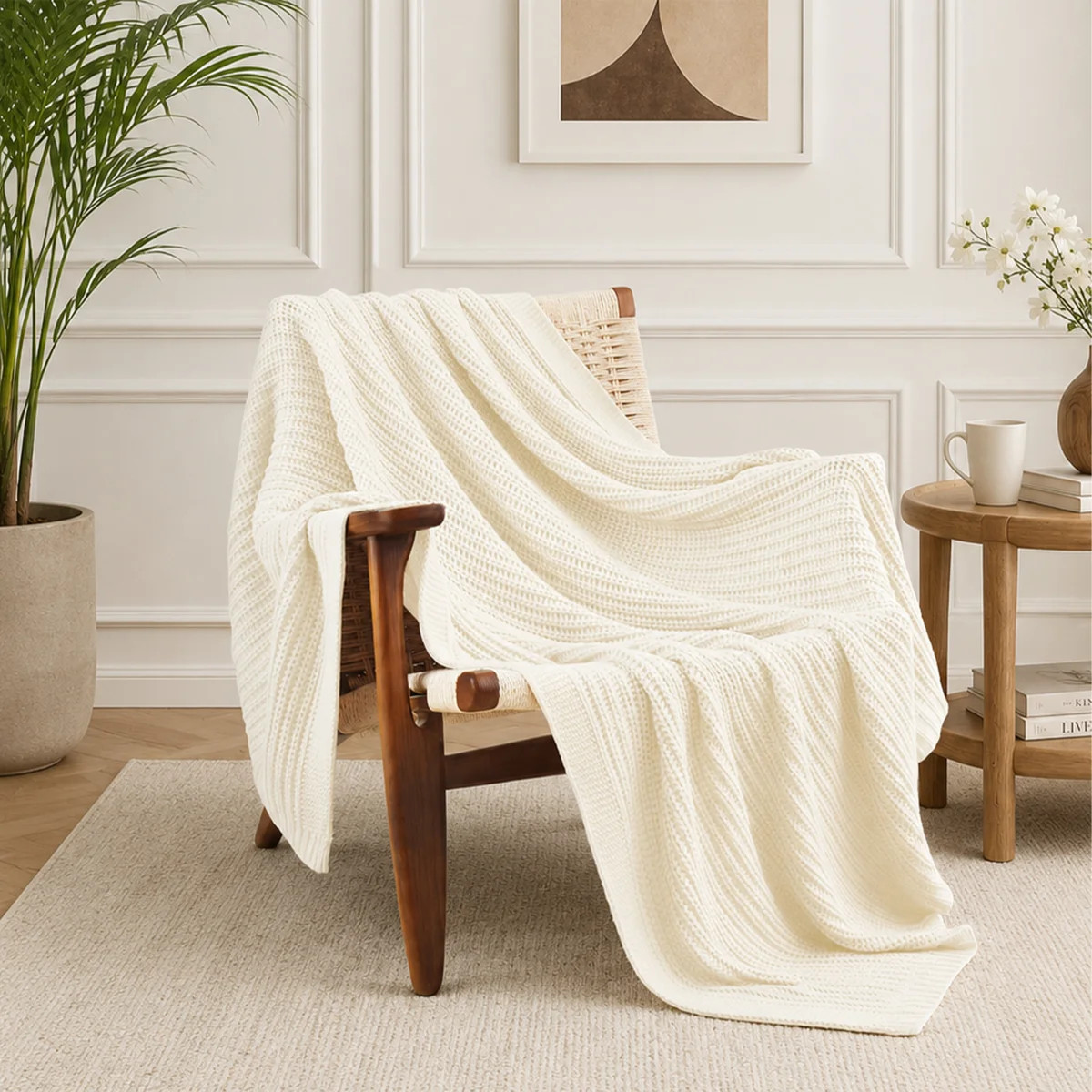 Soft Knitted Throw Blanket Cozy Lightweight Decorative Blanket for Sofa and Bed, Cream | Wayfair North America
