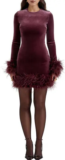 Lavinia Feather Trim Long Sleeve Velvet Body-Con Cocktail Minidress | Nordstrom