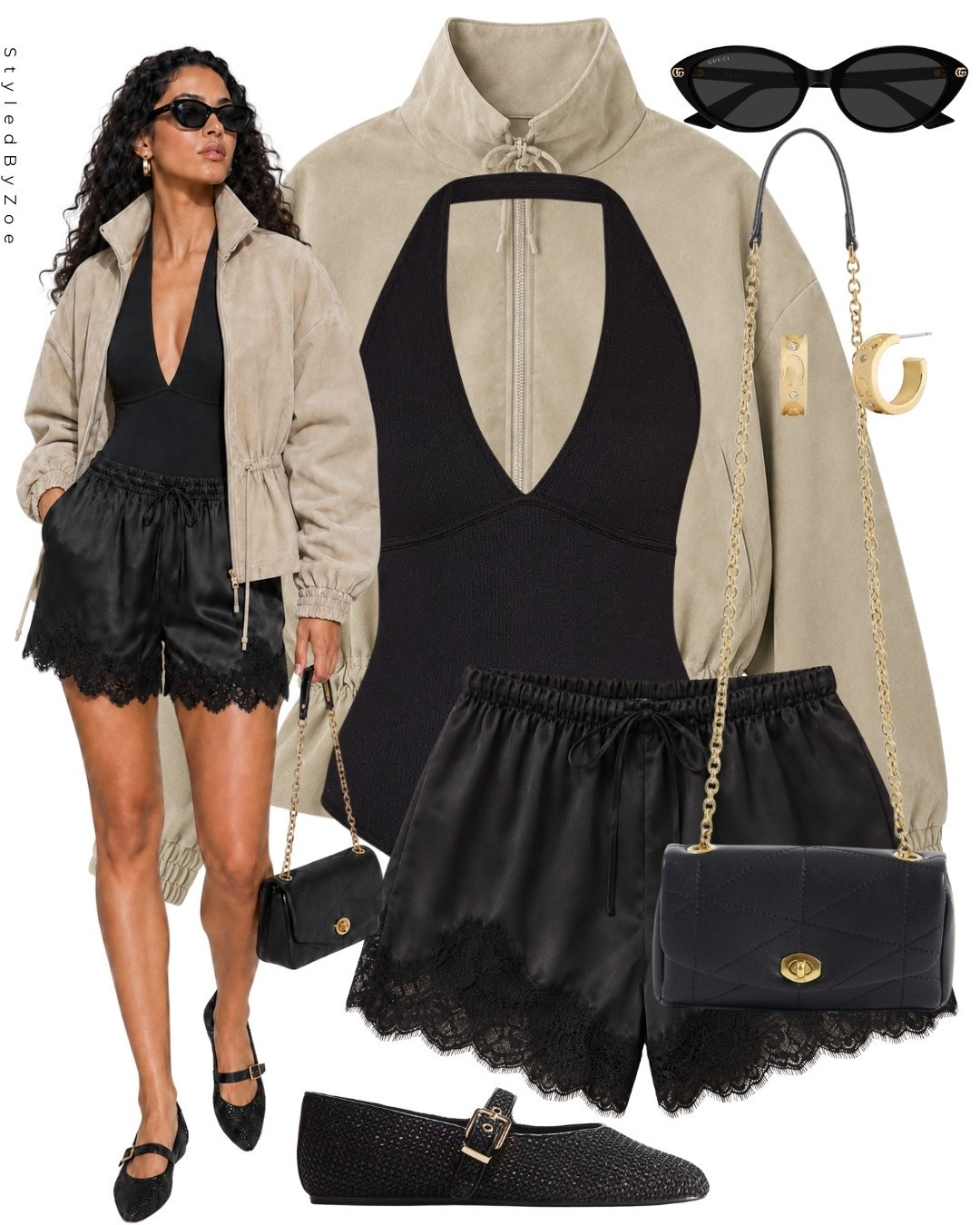 A little sporty, a little sexy 🖤 Styling a neutral suede-look jacket with black satin lace trim shorts and a plunging halterneck bodysuit for an effortless autumn transitional outfit. Finished with woven ballet flats and gold accessories for that polished cool-girl feel ✨

#LTKStyleTip #LTKFashion #AutumnOutfit #TransitionalStyle #SatinShorts #BalletFlats #NeutralStyle #CoolGirlStyle

#LTKautumn #LTKsummer #LTKuk