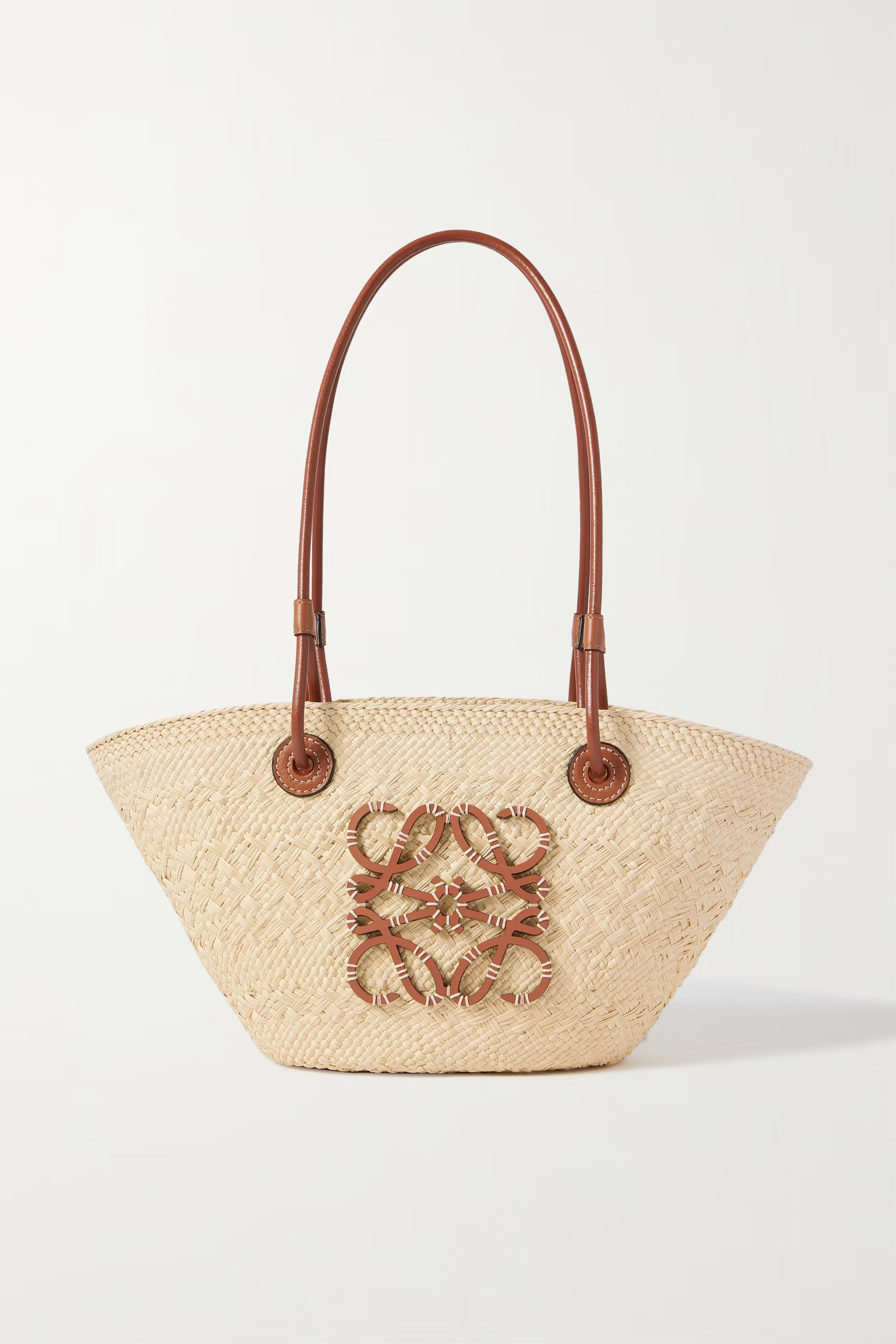 + Paula's Ibiza Anagram small leather-trimmed woven raffia tote | NET-A-PORTER (US)