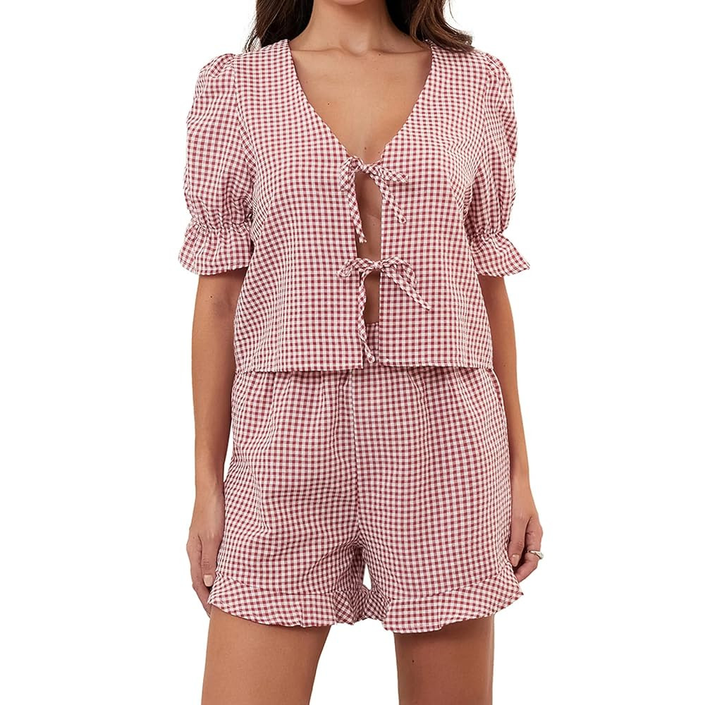 SOLILOQUY Women 2 Piece Pajama Set Plaid Short Puff Sleeve Tie Front Peplum Blouse Top+Ruffled Sh... | Amazon (US)