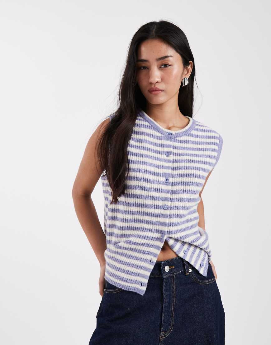 Pieces knitted button front vest in blue stripe | ASOS (Global)