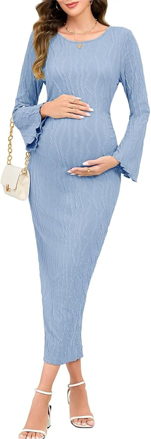 Maternity Dress Ribbed Knit Long Sleeve Round Neck Bodycon Mid Pregnancy Dresses Casual Baby Show... | Amazon (US)