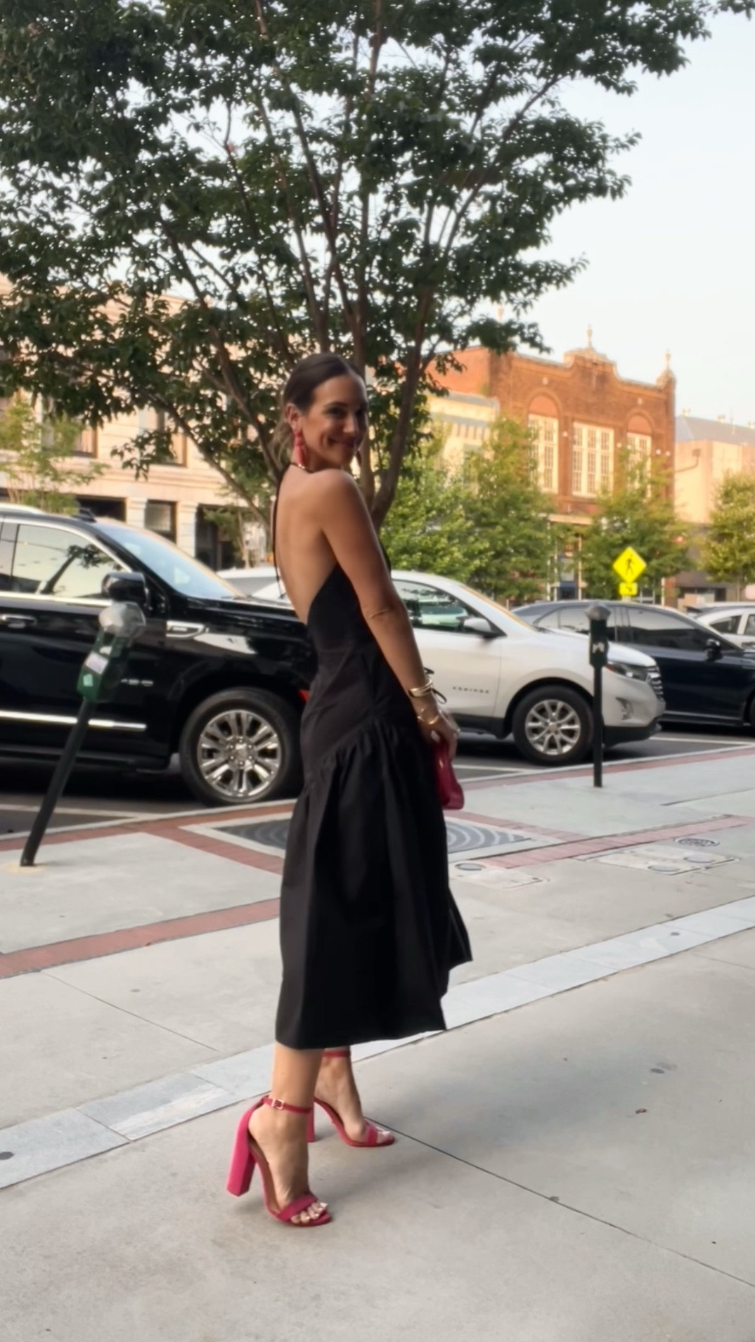 Black halter midi dress with hot pink accessories for sushi date 🍣