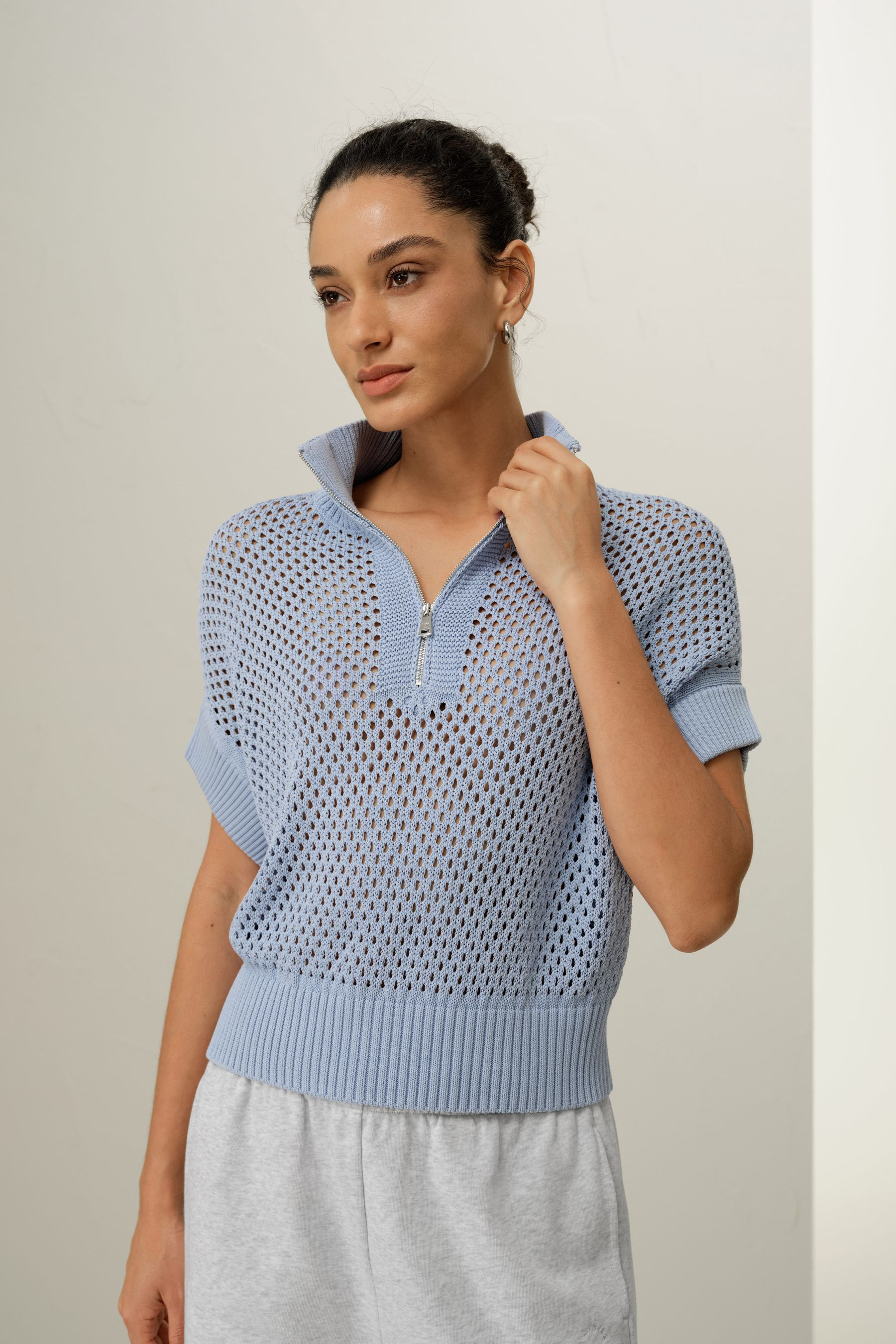 Toscana Pointelle Knit Half-Zip Jumper | LILYSILK