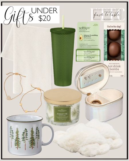 Target: Gifts under $20. Follow @farmtotablecreations on Instagram for more inspiration. Women's Paris Crossband Faux Fur Slippers - Stars Above. Tree Line Camper Mug 16 Oz. 3-Wick Printed Glass Forest Fir Lidded Jar Candle White. Small Pill Shaped Case Jewelry Box - A New Day. Solid Colored Cozy Feathery Kit Throw Blanket - Opalhouse. SUGARFIX by BaubleBar Pull-Tie Heart Charm Bracelet Set 2pc - Gold. 24oz Plastic Tumbler with Straw - Opalhouse. Holiday Hot Chocolate Drink Bombs. Softlips Naturals with Avocado Oil Lip Balm - Vanilla Chai. Gift Guide For Women. Stocking Stuffers for Women. 










#LTKHoliday #LTKfindsunder50 #LTKGiftGuide