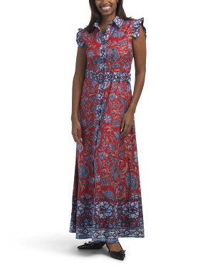 Ruffle Sleeve Maxi Shirt Dress With Belt | Casual Dresses  | Marshalls | Marshalls