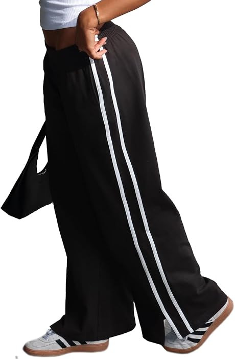 Women's Elasticated Waistband Side Pockets Double Stripe Split at Bottom Hem Wide Leg Pants | Amazon (US)