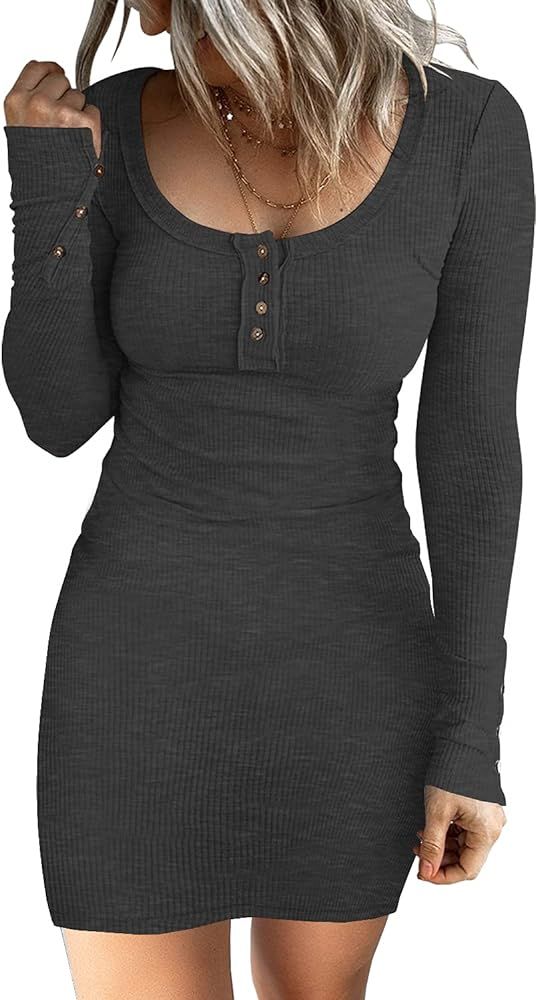 APOFER Women’s Long Sleeve Bodycon Knitted Dress Scoop Neck Button Up Tank Dresses Slim Fit Ribbed S | Amazon (US)