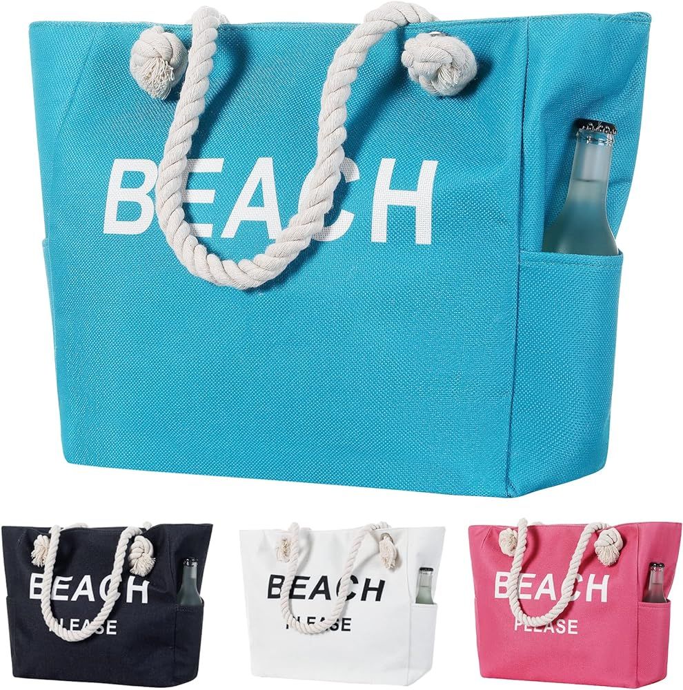 TESALATE Large Canvas Beach Tote Bag with Zipper Women Swim, Travel, Shopping, Gym and Beach Holi... | Amazon (US)