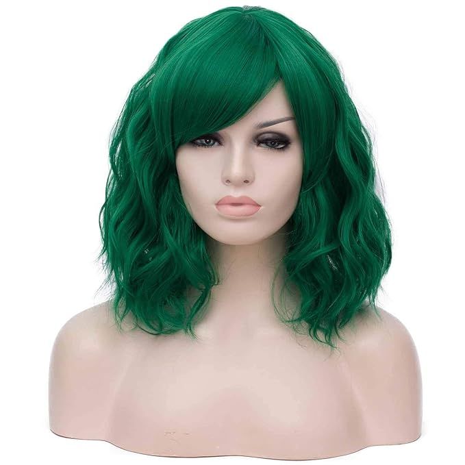 Mildiso Dark Green Wigs for Women Short Curly Wavy Bob Wig with Bangs Green Hair Wig with Wig Cap... | Amazon (US)