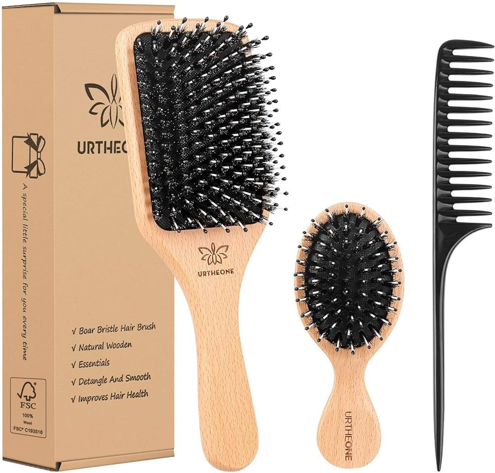 Boar Bristle Hair Brush and Comb Set for Women Men Kids, Best Natural Wooden Paddle Hairbrush and... | Amazon (US)