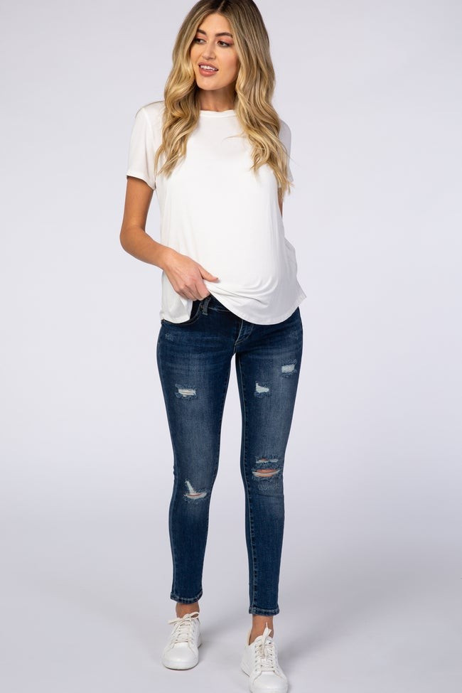 PinkBlush Blue Lightly Distressed Maternity Skinny Jean | PinkBlush Maternity