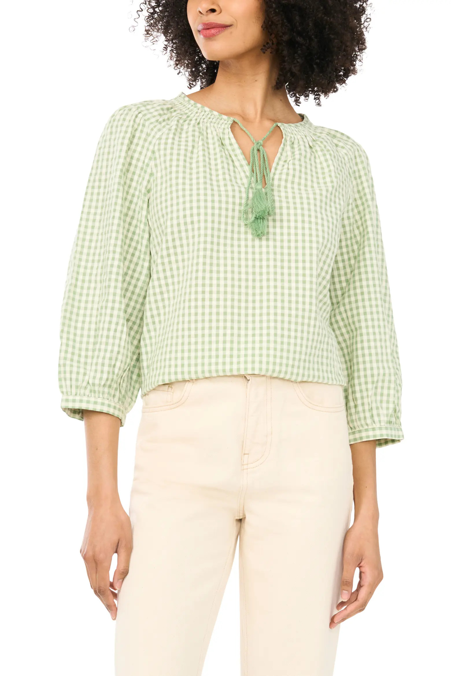 Print Tie Neck Cotton Peasant Top (Women) | Nordstrom | Nordstrom