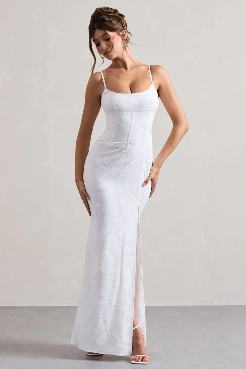 Intimacy  White Lace Corset Split Maxi Dress | Club L London