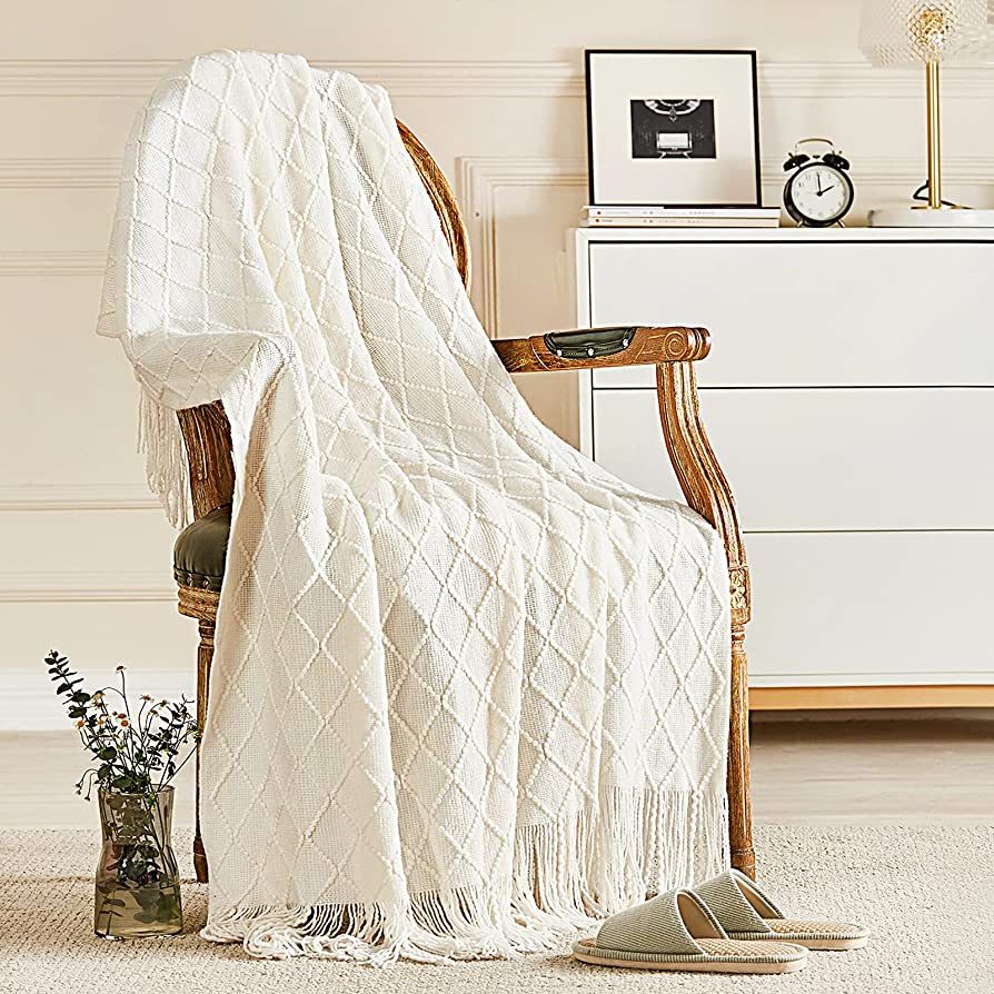 inhand Knitted Throw Blankets for Couch and Bed, Soft Cozy Knit Blanket with Tassel, Off White Li... | Amazon (US)