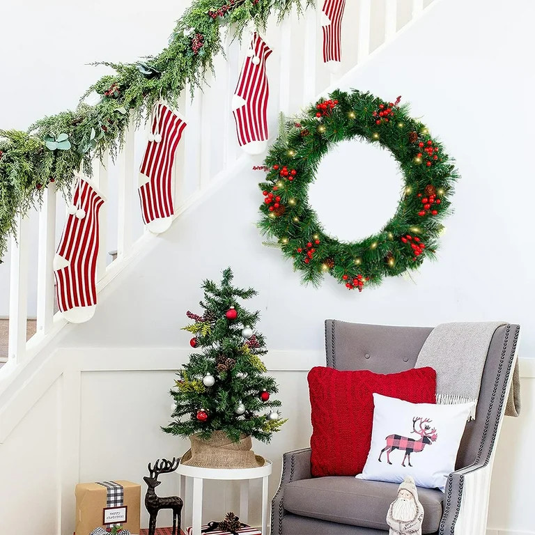 24" Pre-Lit Artificial Christmas Wreaths for Front Door Decorated with Pine Cones, Red Berries, F... | Walmart (US)