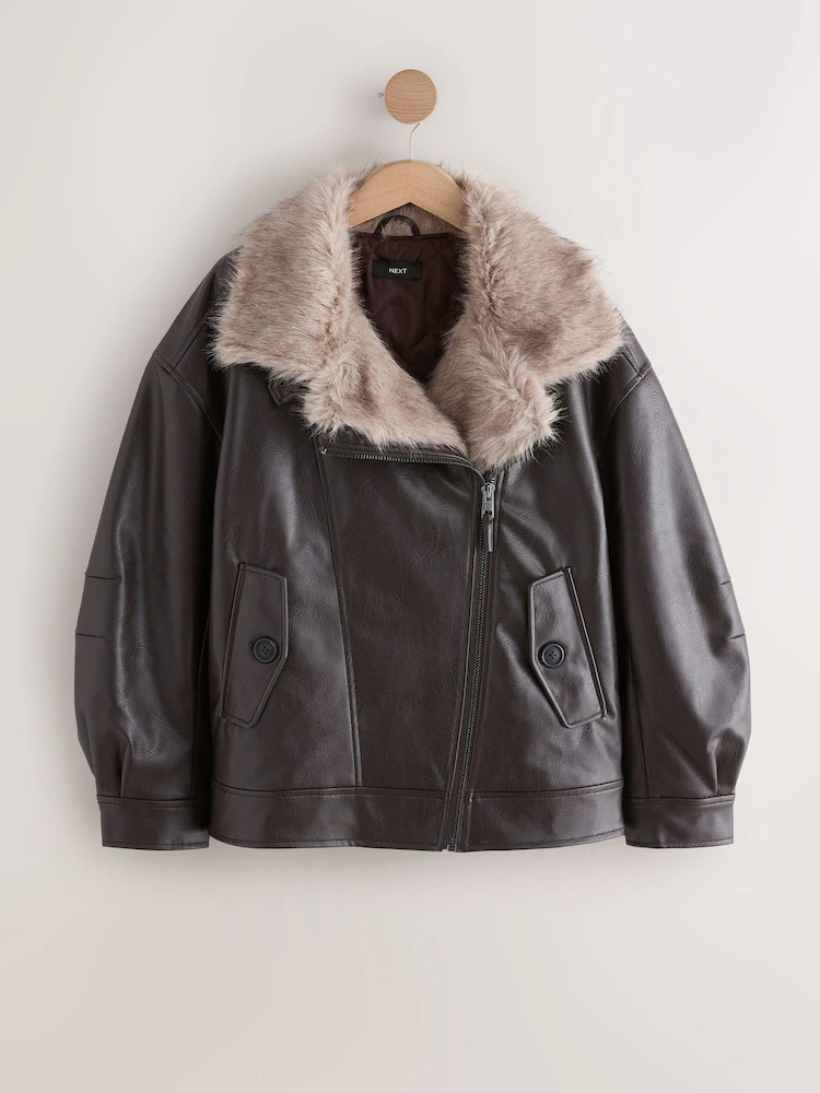 Chocolate Brown PU Bomber Jacket with Faux Fur Trim | Next US