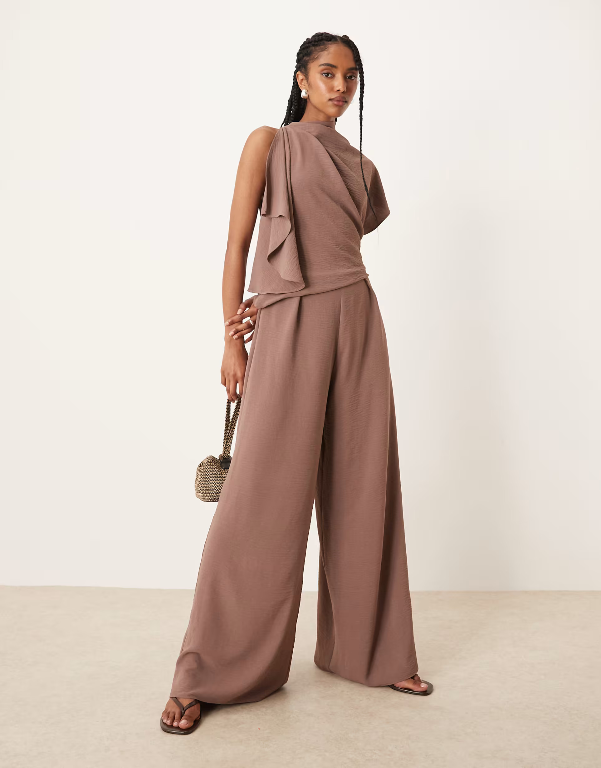ASOS DESIGN asymmetric drape neck jumpsuit in deep taupe | ASOS (Global)