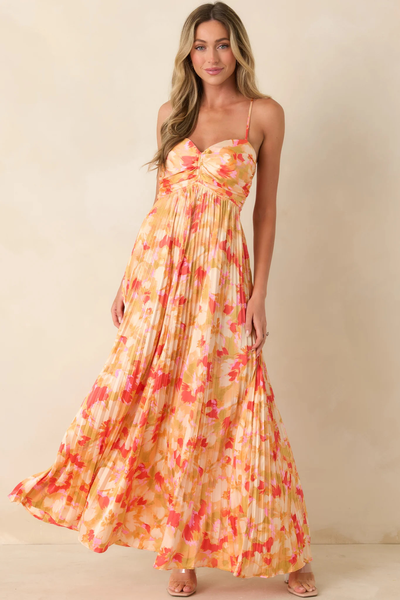 Painted in Sunshine Peach & Red Multi Satin Finish Pleated Maxi Dress | Red Dress
