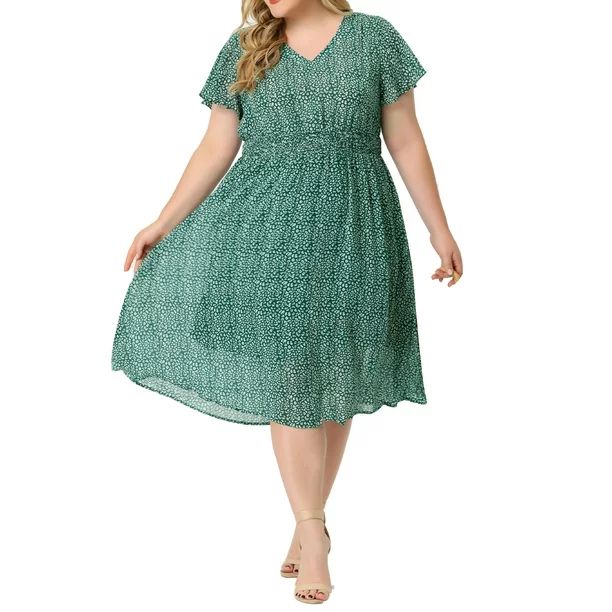 Agnes Orinda Women's Plus Size Summer Dress Ditsy Floral V Neck Smocked Waist Short Sleeve a Line... | Walmart (US)