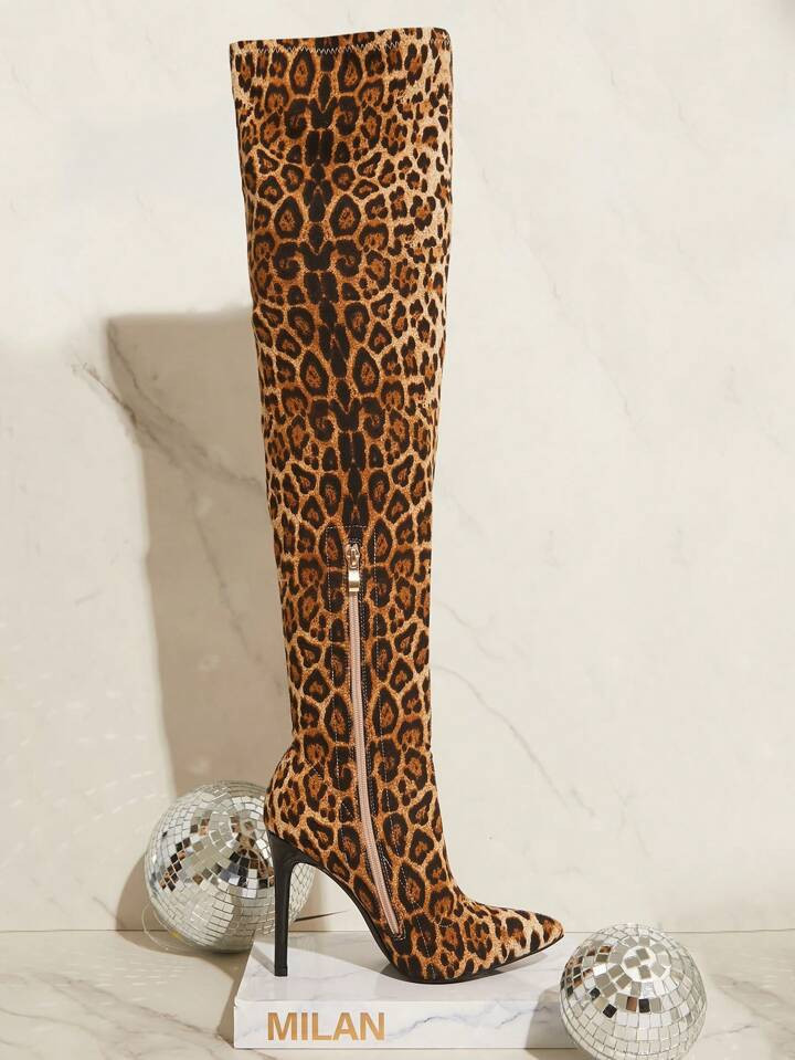 SHUZIA Faux Suede Leopard Print Knee High Heel Boots Holiday Vacay Vibe For And Summer Shoes Spring Shoes Spring Break Easter | SHEIN