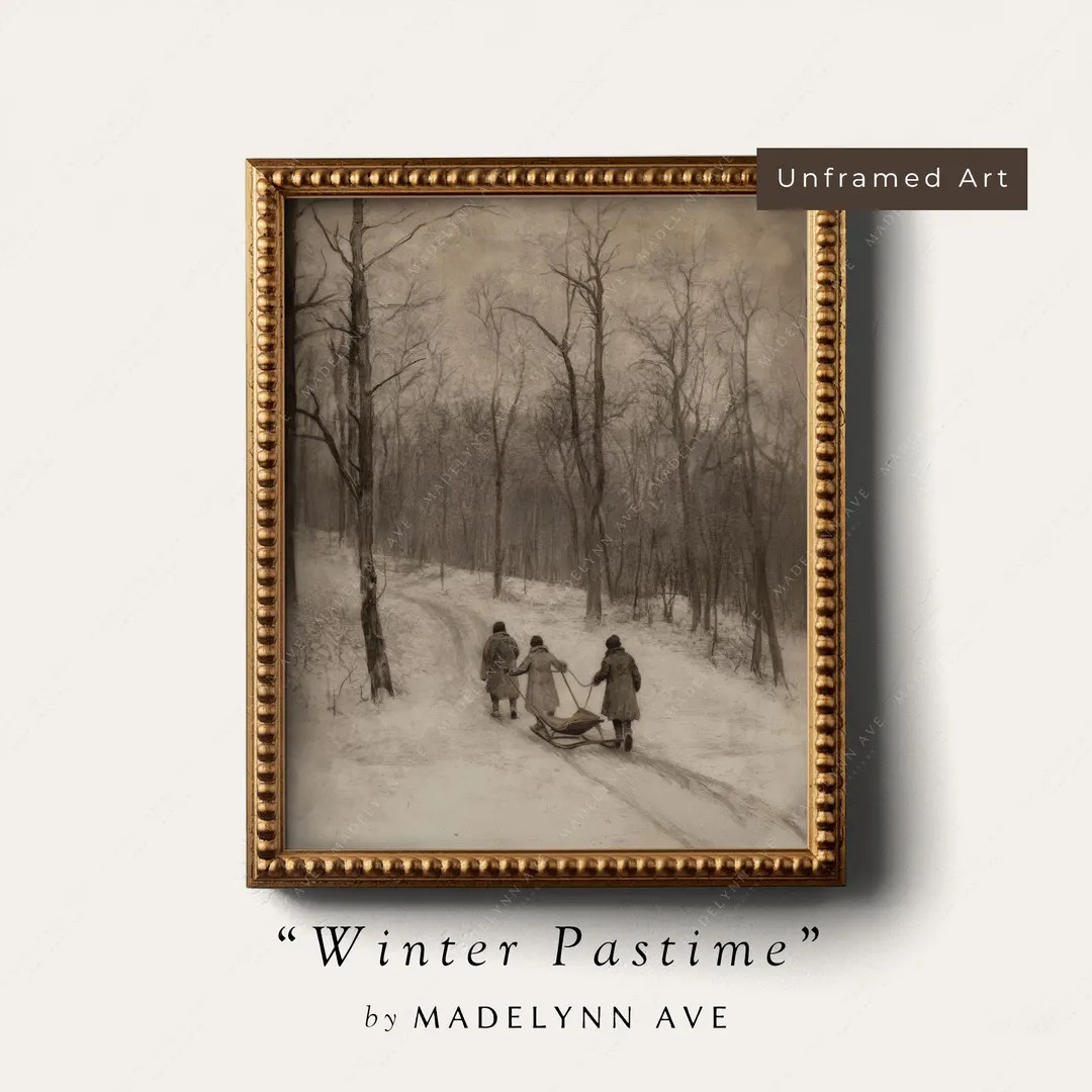 Vintage Winter Art Print - Unframed Snowy Forest Walk - Black and White Wall Art - Nostalgic Cott... | Etsy (US)