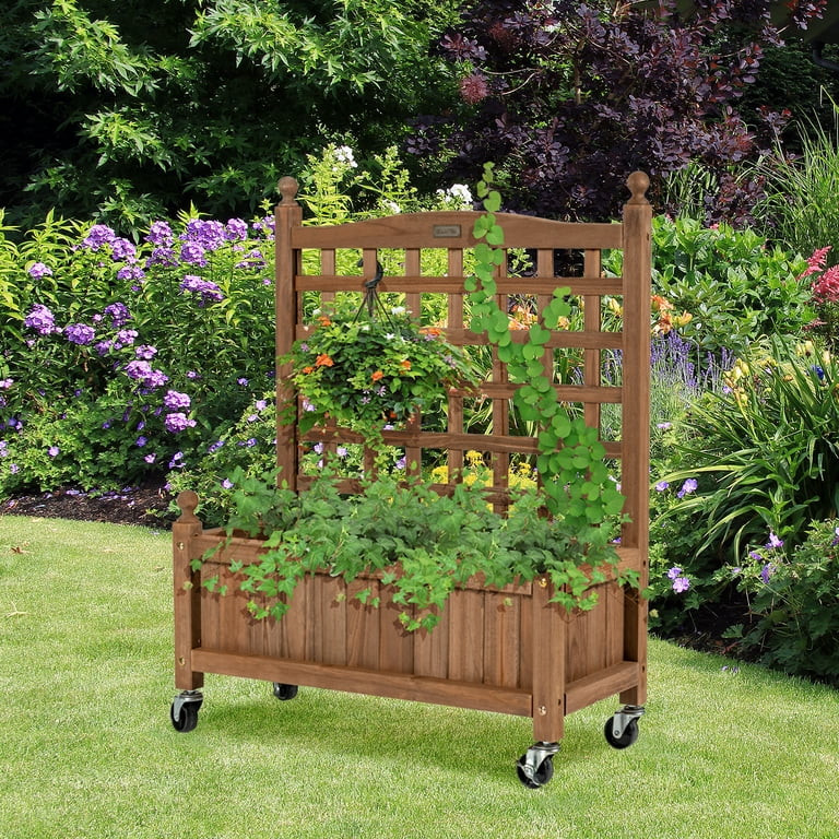 Topbuy 32in Wood Planter Box with Trellis and Wheels Mobile Plant Raised Bed for Indoor&Outdoor -... | Walmart (US)